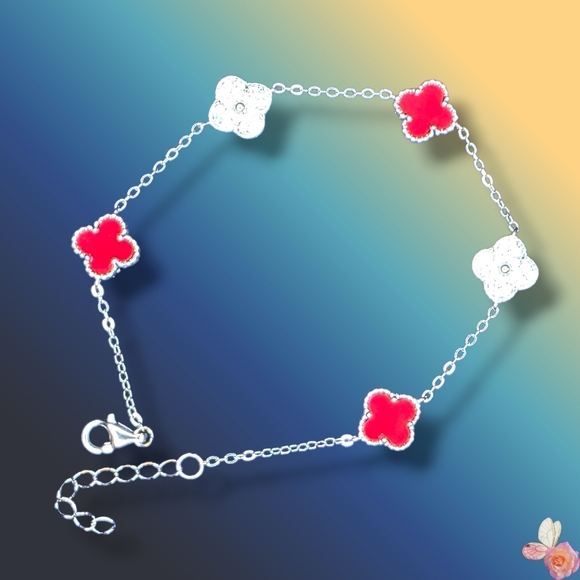 925 Sterling Silver Moissanite Red Enamel Clover Bracelet Adjustable 537